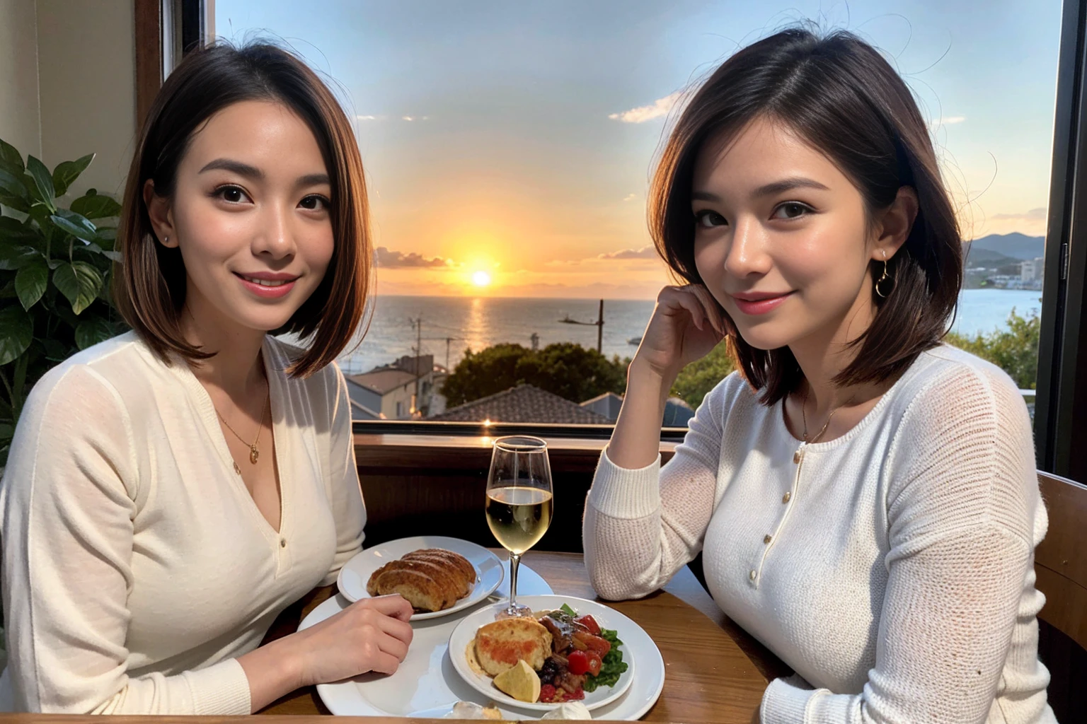 （Realistic:1.1）,(masterpiece,Highest quality)，8k,(40 years old), 42 years old, slimカップル、Model Couple、Actress/Actor、Tight waist,Upper Body,full-course dinner、wine 、Amazing view of the sunset sky and clouds、Perfect Anatomy, Brown Hair, Short Hair,Random Hairstyles,((Highly detailed face and eyes:1.2))(cute顔:1.4)，Beautiful actress face，Perfect golden ratio face，Long sleeve shirt、dress,(smile:1.2)、Shortcuts、cute、(Realistic, Intricate details:1.2), A bright smile、short hair,Bright Face、赤wine 、Appetizers、Italian food、wine bottle、Champagne、スパークリングwine、(slimな顔), (The body is slim), (Brown Hair), (Shortcuts),  Upper Body, 白wine, slim, wineグラス, 