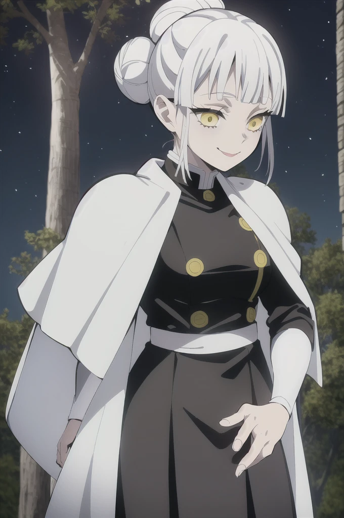 kimetsu no yaiba style, 1girl, white hair in a bun, demon slayer uniform, solo, yellow eyes,holding a katana ,white hair, black cape, black haori, outdoors, bangs, tree,, anime coloring,  ((masterpiece)) ,  night background , beautiful girl, cute, solo , smiling, ((high quality)) , standing solo, 