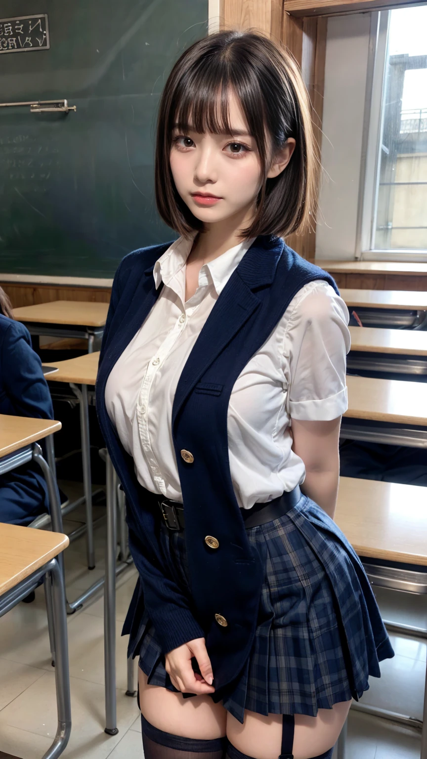 masterpiece, best quality, illustration, Super detailed, fine details, High resolution, 8K,wall paper, perfect dynamic composition,(Details High quality, realistic depiction of eyes:1.3), from side, High School Classroom、High school girl uniform、blazer 、Super Short Check Uniform Skirt、Navy blue high socks、garterbelts、Colossal tits、Disturbed uniform,  short bob hair, black hair color, huge breasts, Big Natural Color Lip, bold sexy pose, (perfect body shape), crying a little、Harajuku style、20 year old girl、 beautiful legs, hposing Gravure Idol