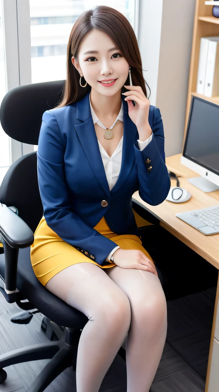 high quality:1.2), RAW Photos, High resolution, Very detailed, Intricate details, 、Woman sitting in office chair、(Full body photo)ear piercing、smile、Black Hair,、(Front view, ), Clear beauty, Standing in an office room, Upper Body, (High Quality Fabric, Office Lady Suits 、knee length skirt tights、pumps)、Necklace around the neck、, The background is the office