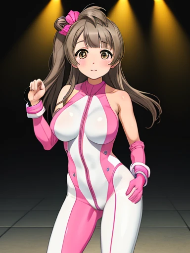 Minami Kotori ,Big Breasts, (White pink bodysuit:1.2), Elbow hand pockets, Halter neck,Exposing shoulders, Victory pose, Are standing 