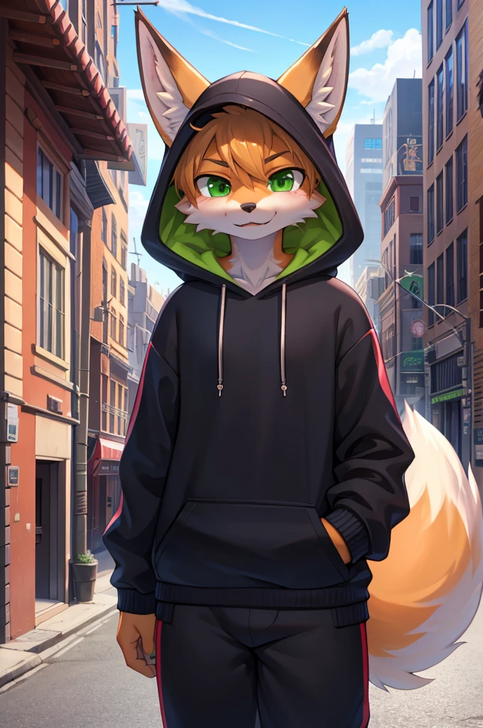 Furry,Fox,boy,8k resolution,最high resolution,                   high resolution,City,In a hoodie,Green Eyes,summer,Intimidating