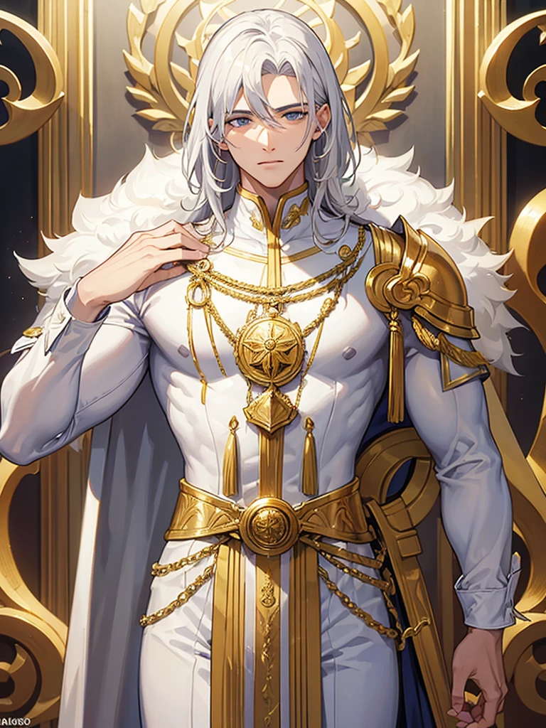 Homem de longos cabeautifuls brancos compridos, twenty years old, muscled body, white costume with gold details, golden, thin eyes like a cat's, epic, mighty, beautiful.