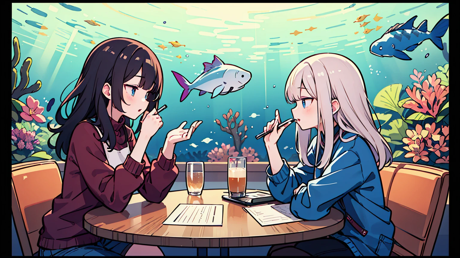 (masterpiece, best quality),Two women with different faces and hairstyles, different hair colors, different faces, long hair, letterboxed, perfection of fashion,chapped lips, casual attire, whole body, from the side,Huge super large undersea aquarium, at a cafe, study at the table, My eyes are focused on the notes,laptop, together, stylish outfit,