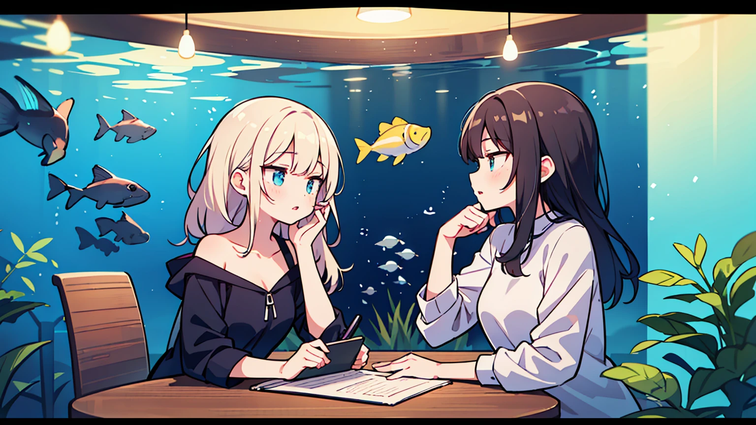 (masterpiece, best quality),Two women with different faces and hairstyles, different hair colors, different faces, long hair, letterboxed, perfection of fashion,chapped lips, casual attire, whole body, from the side,Huge super large undersea aquarium,  at a cafe, study at the table, My eyes are focused on the notes,laptop, together, stylish outfit,
