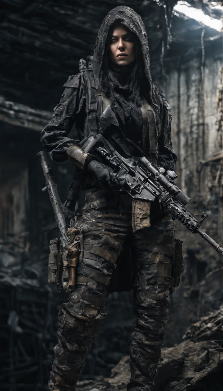 a sniper woman in a post-apocalyptic dark sci-fi scene, realistic, ultra-detailed, wearing camouflage, she is hiding behind destroyed wall and aiming using a huge futuristic sniper rifle with lcd screen connected to rifle scope, aiming at the enemy, full body shot, (best quality,8k,highres,masterpiece:1.2),ultra-detailed,(realistic,photorealistic,photo-realistic:1.37),HDR,UHD,studio lighting,ultra-fine painting,sharp focus,physically-based rendering,extreme detail description,professional,vivid colors,bokeh,concept art