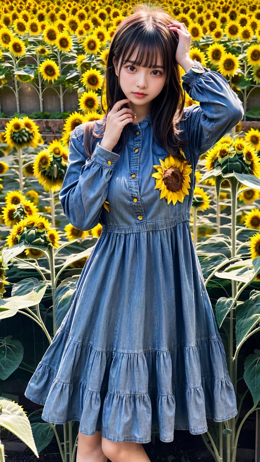 (8K, RAW Photos, Highest quality, masterpiece:1.2), (professional photography, full colors, studio-caliber color grading), (Gravure quality for high-end fashion magazines), close up, BREAK,18 year old girl, (straight hair:1.1), crying a little, Harajuku style, Big Natural Color Lip, (Plumpy body (smooth skin.1 (huge breasts BREAK (((casual dress.3)), BREAK (Sunflower field background)、