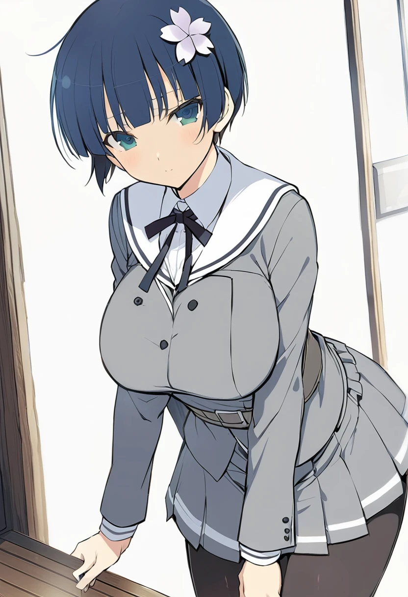 masterpiece, best quality,
yozakura (senran kagura), 1girl, solo, short hair, blue hair, blue eyes, large breasts, hair ornament, hair flower,
flower, emblem,
white background, looking at viewer,
Yozakura_School, , white sailor collar, grey jacket, black buttons, grey skirt, skirt frills, neck ribbon, grey belt, black pantyhose, grey loafers,