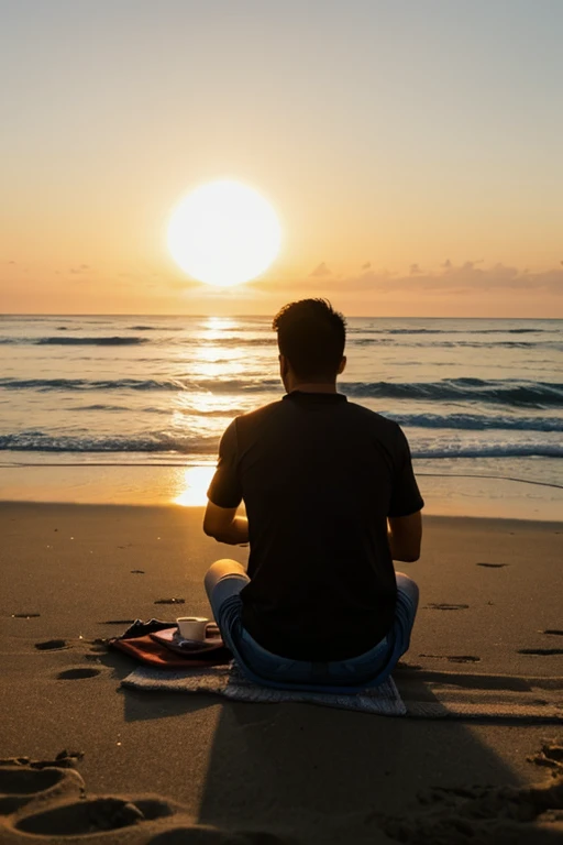 A back of Asian guy seating on beach drinking coffee and watching sunset that cover by shadow of sunlight