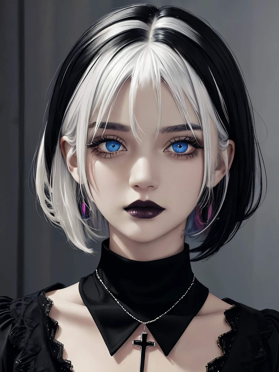  Goth girl, Goth girl 1girl 1girl,solo,looking at viewer, black hair, jewelry,white hair,multicolored hair,choker,black eyes,necklace,two-tone hair,cross,portrait, short hair, breasts, blue eyes