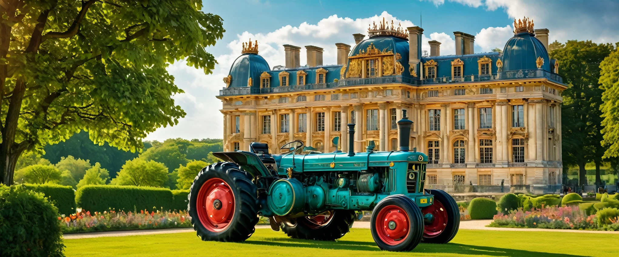 Paris Mint, Versailles castle, detailed castle façade, intricate carvings, lush gardens, vibrant flowers, sunlight filtering through trees, striking shiny Copper body and teal tractor, meticulous details of the tractor, steam punk, high image quality, vivid colors, carefully crafted lighting. monnaie de Paris se distingue à travers le château de Versailles et devient un tracteur rouge et argent
