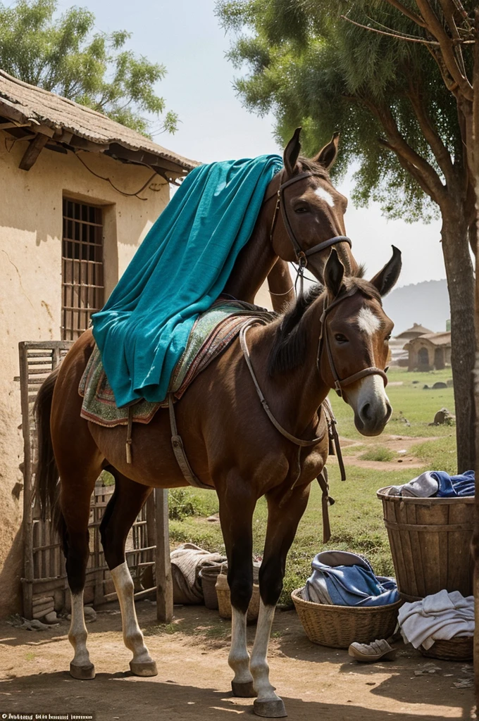  and a horse:

Once upon a time, in a village far away, there lived a washerman. He owned both a donkey and a horse. The donkey tirelessly carried bundles of clothes to and from the village, while the horse, proud of its beauty, never had to bear any load. The washerman rode the horse to the market and other distant places.

One sunny morning, the washerman loaded all the clothes onto the donkey’s back, leaving the horse unburdened. The donkey, struggling 