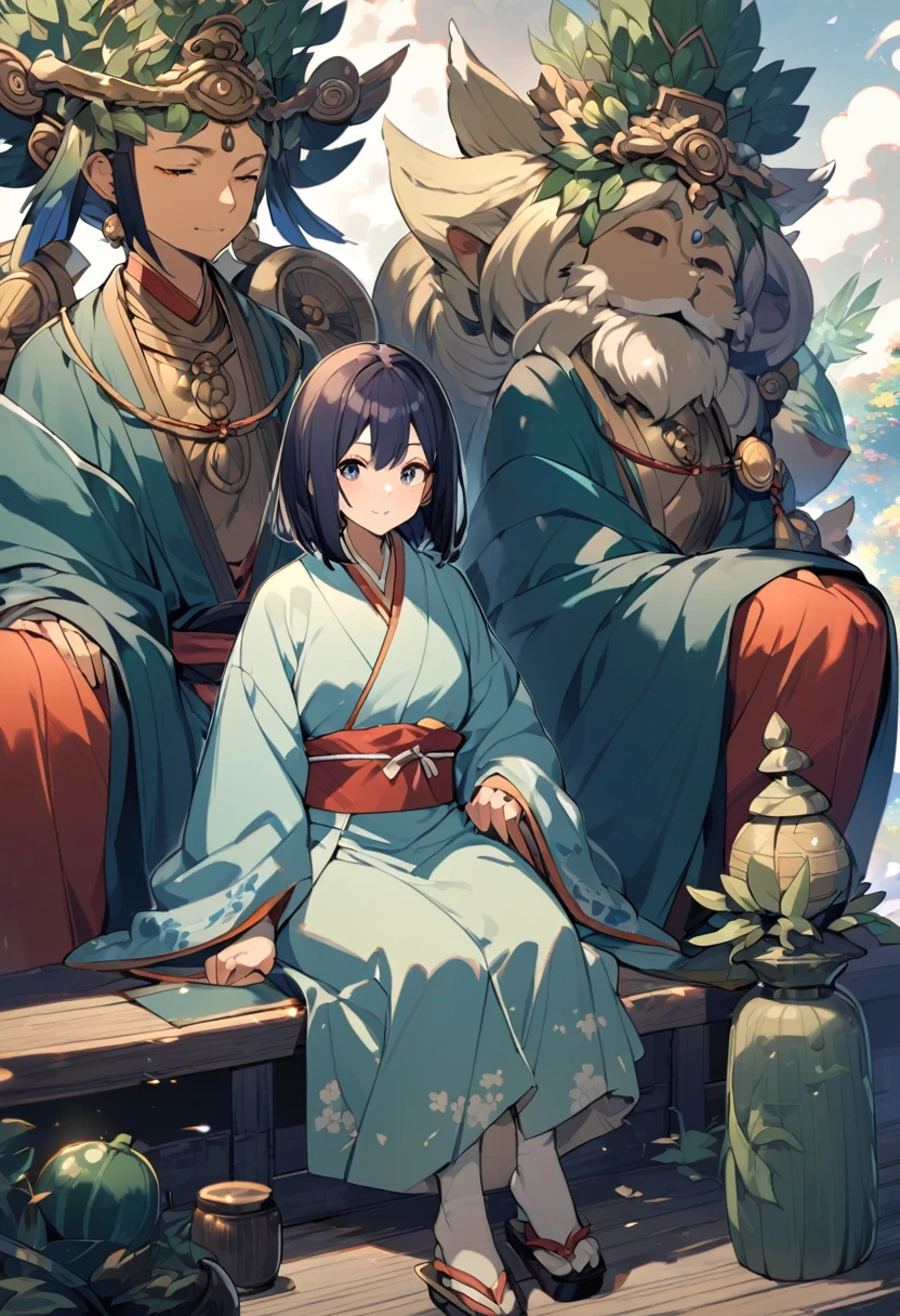 A pretty girl in a Ghibli-like kimono is sitting zazen in front of Amida Bodhisattva.