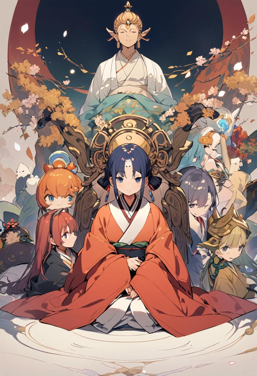 A pretty girl in a Ghibli-like kimono is sitting zazen in front of Amida Bodhisattva.