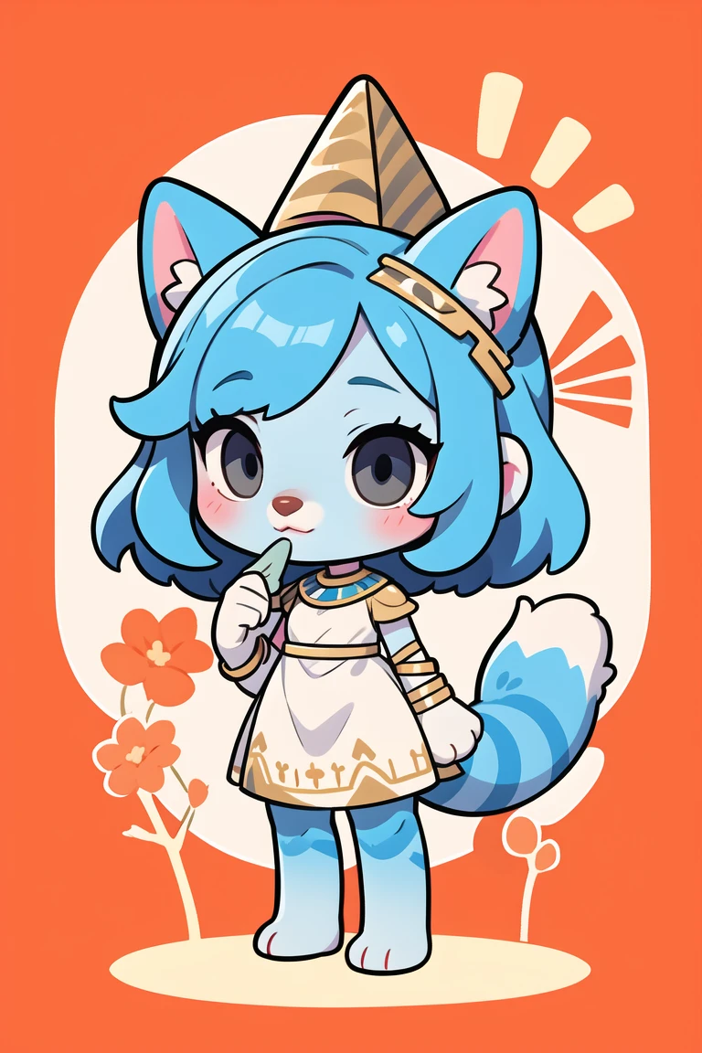 1girl，Artist Name，Egyptian cat，Blue Hair，skin，Keep your mouth shut，Wear，whole body，solo，Standing，猫Tail，Keep your mouth shut，Wear，Looking at the audience,Animal Crossing Furry, Blue Hair, Hair accessories, 黄skin, black eyes, White Dress, Tail, Egyptian Pyramids，mummy，Sunlight，sunny，(masterpiece), ((best quality), Detailed background, masterpiece, best quality, high quality, absurd, The award-winning, professional, Very detailed