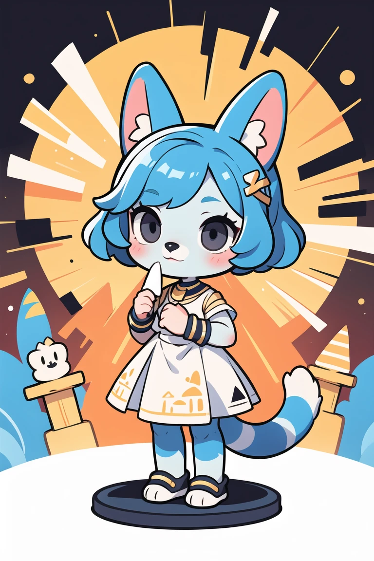 1girl,Artist Name,Egyptian cat,Blue Hair,skin,Keep your mouth shut,Wear,whole body,solo,Standing,猫Tail,Keep your mouth shut,Wear,Looking at the audience,Animal Crossing Furry, Blue Hair, Hair accessories, 黄skin, black eyes, White Dress, Tail, Egyptian Pyramids,mummy,Sunlight,sunny,(masterpiece), ((best quality), Detailed background, masterpiece, best quality, high quality, absurd, The award-winning, professional, Very detailed