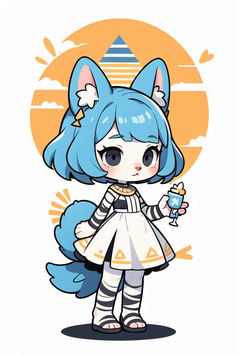 1girl,Artist Name,Egyptian cat,Blue Hair,skin,Keep your mouth shut,Wear,whole body,solo,Standing,猫Tail,Keep your mouth shut,Wear,Looking at the audience,Animal Crossing Furry, Blue Hair, Hair accessories, 黄skin, black eyes, White Dress, Tail, Egyptian Pyramids,mummy,Sunlight,sunny,(masterpiece), ((best quality), Detailed background, masterpiece, best quality, high quality, absurd, The award-winning, professional, Very detailed