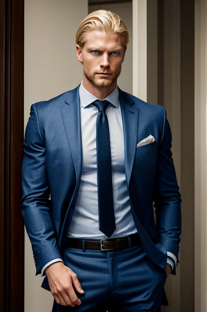 Gentleman, approximately 32 years old, blonde, blue eyes, almost 2 meters tall, strong, very elegant style, demeanor.: intimidating, protective and serious