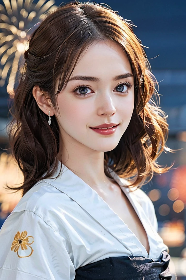 (Preserve face images), pale face:1.3、Super thin face:1.3, (very big eyes:1.5)、 (blown eyes:1.5), master piece、8k, {highest quality}, {{masterpiece}}, {very delicate and beautiful}, (((Mid-range shooting))), outstanding light and shadow, highly detailed wallpaper, clear and bright sunlight, (((Full body))), 1 girl, blush、(薄い茶colourの髪), ((Face illuminated by fireworks)), (((White yukata with floral pattern))), colour々A pose:1.5, necklace、ring、earrings,(Toothless smile:1,5), Wide-angle lens photography、Seaside fireworks display