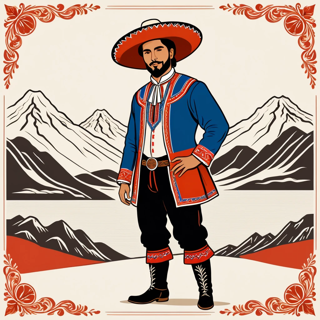 man in chile folk outfit, vector graphics, strong contours
