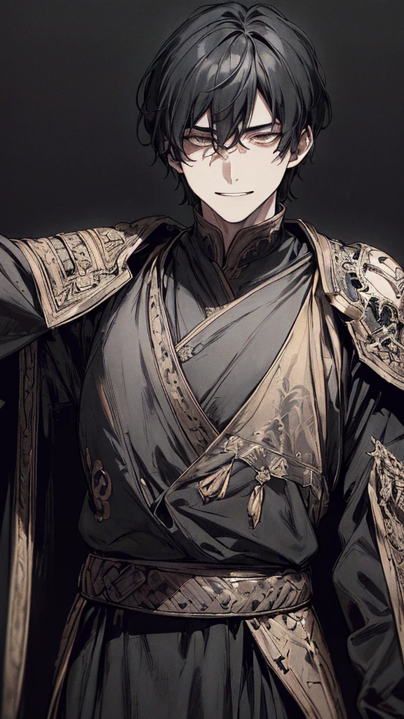 Highest quality, (background_detailed), expensive_Contrast, detailed_original_figure, Warrior, Muscular, Villain Face, Armor, full_body, Medieval, Wrinkles between the eyes, Young people, 20-year-old male, dark_stitch_landscape, (dramatic_Lighting:1. 25), (Shaded_background:1.2), black_hair, (short black hair:) 1.1 ), Delicate face, Wicked Smile, Sharp eyes, Black background, (Black background:1.5), Beautiful line art, 白black