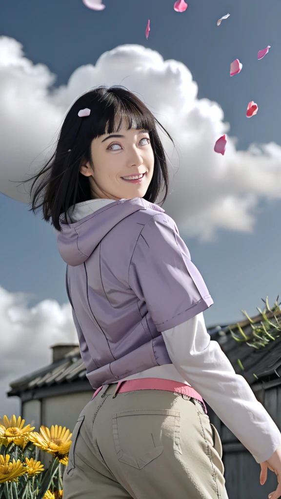 masterpiece, absurd, (intricate details), raelistic, (colorful), cinematic lighting, highly detailed 8k, hinata\(boruto\), 1girl, solo, purple hoodie, brown pants, from behind, layered sleeves, cowboy shot  , looking back, looking at viewer,smiling, outdoors, lavender flower field,flowers, day, cloudy sky, wind, floating hair, falling flower petals