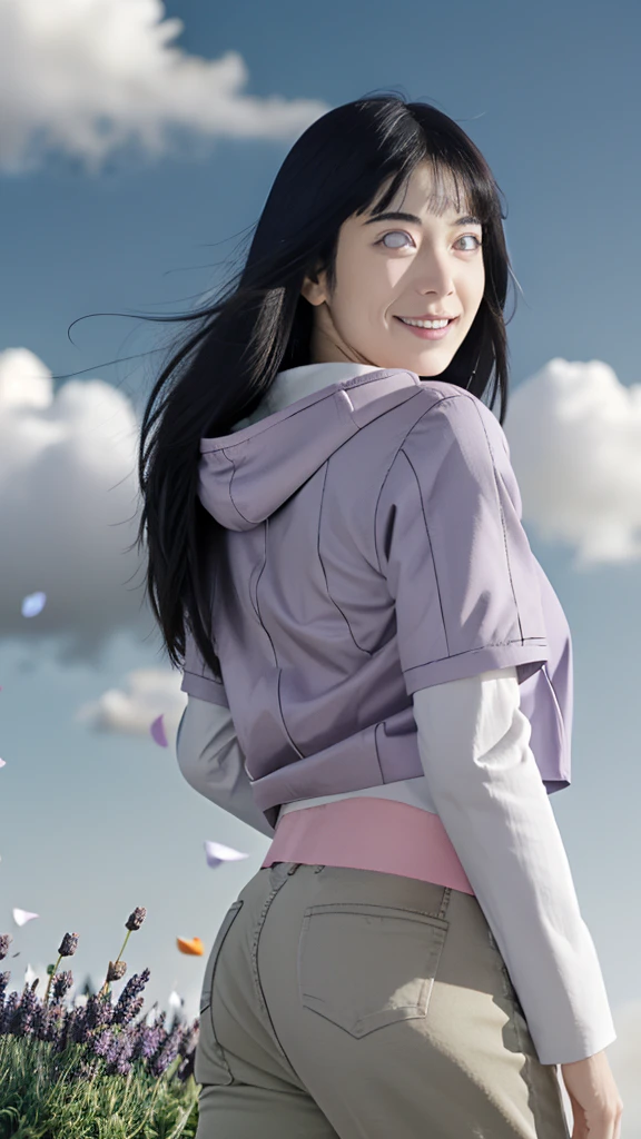 masterpiece, absurd, (intricate details), raelistic, (colorful), cinematic lighting, highly detailed 8k, hinata\(boruto\), 1girl, solo, purple hoodie, brown pants, from behind, layered sleeves, cowboy shot , looking back, looking at viewer,smiling, outdoors, lavender flower field,flowers, day, cloudy sky, wind, floating hair, falling flower petals