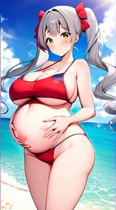 Swimwear,Pregnant women,Pregnant belly,Multiple births,Big Breasts,Gray Hair,Twin tails,Young girl body