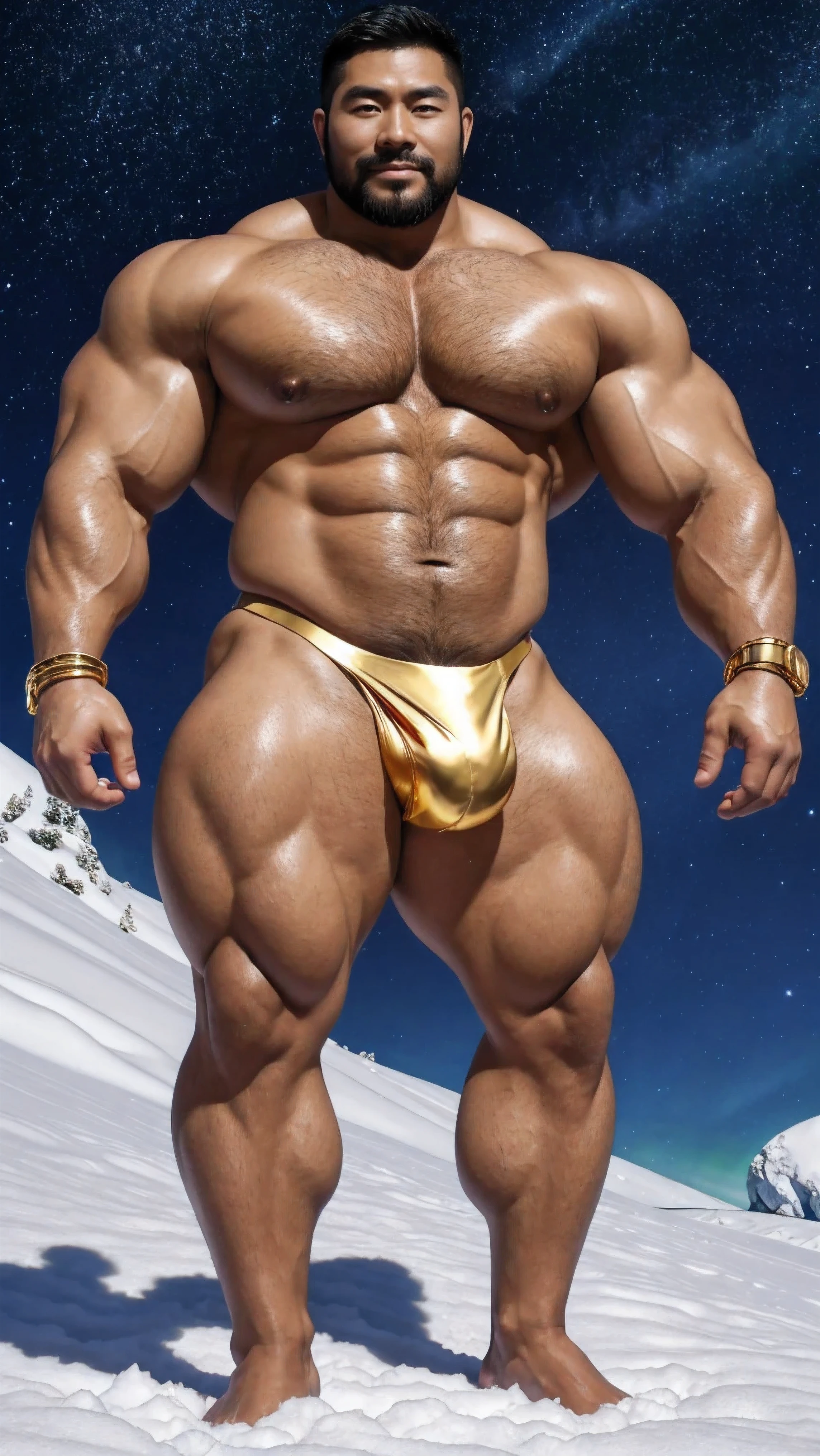There is only one handsome Chinese man in the photo,35 years old,tall, Fitness,Smooth body,Smooth skin,No chest hair,short hair, O-Shaped Beard,Perfect body, Dark skin color,Radiant Skin,Smooth skin,Shiny, shiny skin,Smooth pectoral muscles,Muscle bulge, muscular, Very large pectoral muscles,Very sexy abdominal muscles,Very well-developed leg muscles,Huge concave and convex area,Brightens oily skin,Wearing a shiny gold leather thong,Handsome face,Normal human toes,Correct and accurate male body proportions,Gold Collar,Gold bracelet,Gold anklets,Standing in the snow,Night sky,A sky full of stars,There are auroras,Colorful,Charming dream scene,Epic。