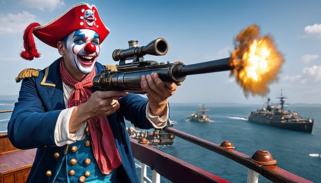 masterpiece, best quality, extremely detailed, hyperrealistic, photorealistic, a cool 40s man, ultra detailed face, clown makeup, red pirate hat, white skin, red nose, long blue hair, on detailed battle ship with canon, shooting canon:1.2, gun fire effects:1.2, laughing, dynamic posing