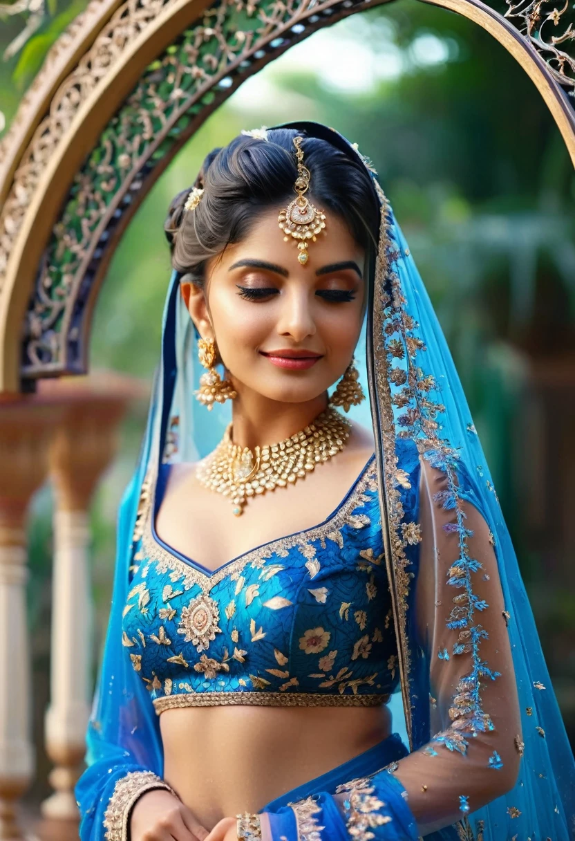 (((Stunningly Beautiful persian Princesss ))), elegant blue black updo hair,    sweet smile, Beautiful bride posing under a fairy tale arch of exotic magical flowers, looking back,elaborate scene style, crystal glass lattice, glitter, transparent embroidered lace, realistic style, 8k,exposure blend, medium shot, bokeh, (cinematic),  (hyperdetailed:1.2),Realism,1 girl,girl wearing indian saree(dressed in transparent saree)(wearing glitter graphics jewelry, medium  ,Sexy medium Breast,nipple,bright light ,long_hair, Bokeh ,nsfw , indian ,tree branch, colourfull , princess dress,lehenga choli