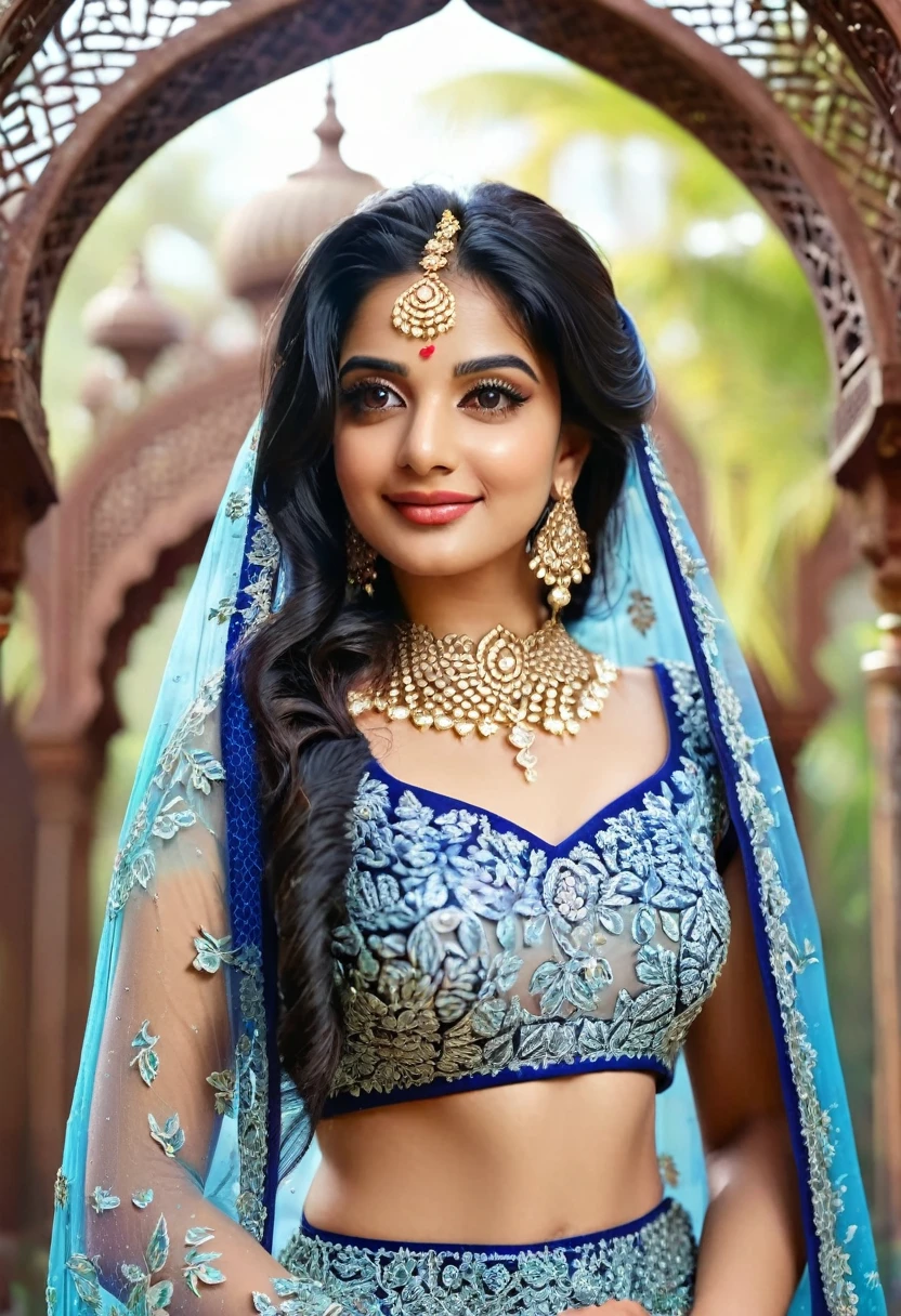 (((Stunningly Beautiful persian Princesss ))), elegant blue black updo hair,    sweet smile, Beautiful bride posing under a fairy tale arch of exotic magical flowers, looking back,elaborate scene style, crystal glass lattice, glitter, transparent embroidered lace, realistic style, 8k,exposure blend, medium shot, bokeh, (cinematic),  (hyperdetailed:1.2),Realism,1 girl,girl wearing indian saree(dressed in transparent saree)(wearing glitter graphics jewelry, medium  ,Sexy medium Breast,nipple,bright light ,long_hair, Bokeh ,nsfw , indian ,tree branch, colourfull , princess dress,lehenga choli