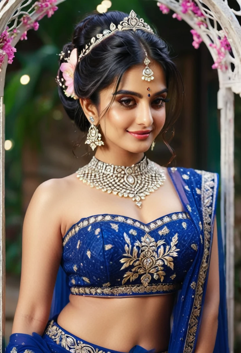 (((Stunningly Beautiful persian Princesss ))), elegant blue black updo hair,    sweet smile, Beautiful bride posing under a fairy tale arch of exotic magical flowers, looking back,elaborate scene style, crystal glass lattice, glitter, transparent embroidered lace, realistic style, 8k,exposure blend, medium shot, bokeh, (cinematic),  (hyperdetailed:1.2),Realism,1 girl,girl wearing indian saree(dressed in transparent saree)(wearing glitter graphics jewelry, medium  ,Sexy medium Breast,nipple,bright light ,long_hair, Bokeh ,nsfw , indian ,tree branch, colourfull , princess dress,lehenga choli