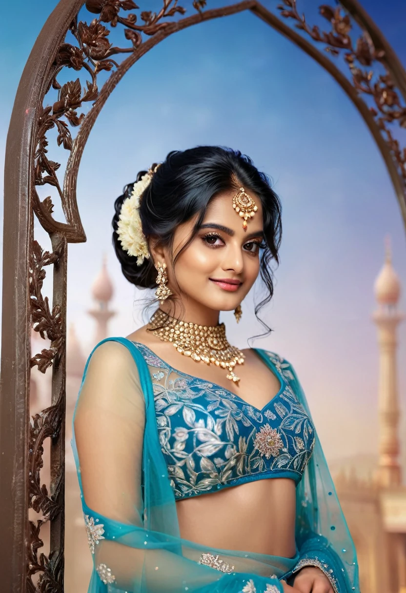 (((Stunningly Beautiful persian Princesss ))), elegant blue black updo hair,    sweet smile, Beautiful bride posing under a fairy tale arch of exotic magical flowers, looking back,elaborate scene style, crystal glass lattice, glitter, transparent embroidered lace, realistic style, 8k,exposure blend, medium shot, bokeh, (cinematic),  (hyperdetailed:1.2),Realism,1 girl,girl wearing indian saree(dressed in transparent saree)(wearing glitter graphics jewelry, medium  ,Sexy medium Breast,nipple,bright light ,long_hair, Bokeh ,nsfw , indian ,tree branch, colourfull , princess dress,lehenga choli