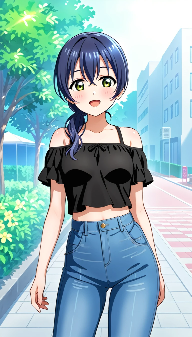 One girl, Umi Sonoda's whole body, wearing clothes for going out in the city in midsummer, id_umi_sonoda, town background,8k