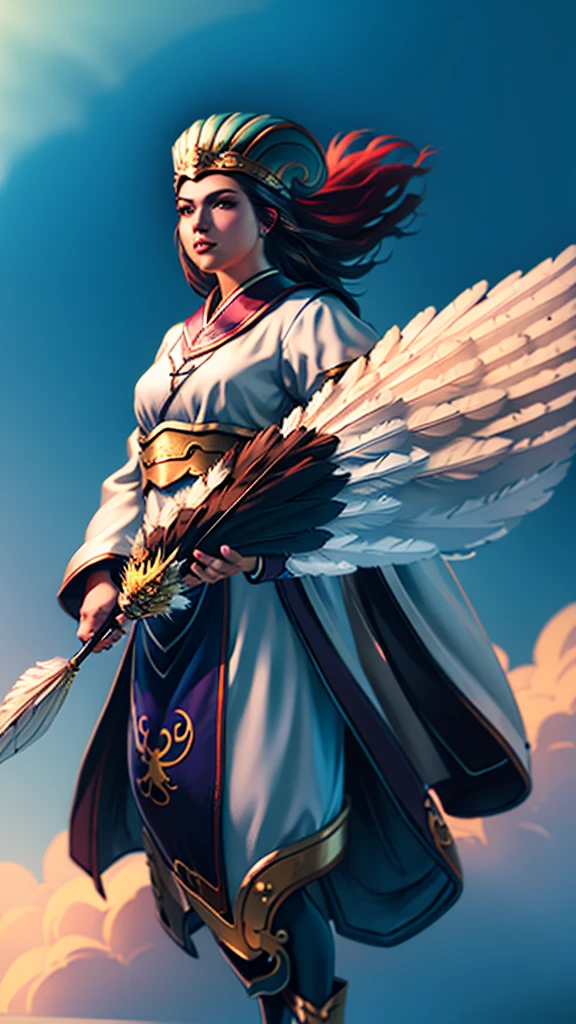 1girl,(8k, best quality, masterpiece:1.4),final fantasy,(fantasy), (lighting),solo, white chinese hat,chinese clothes,(holding Feather Fan),plume,white cloth ,cloud,eagle,wings