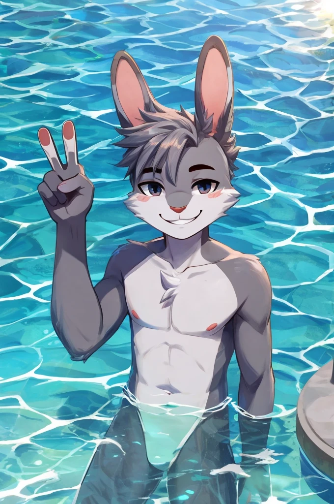 Top shot of an anthropomorphic male teenage gray rabbit which is relaxing on a pool with crystal clear water, all this while showing a smile on his face, winks and has an arm extended upward while his hand gestures a V sign, the scene is perfectly lit by the midday sun.