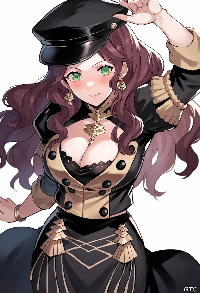 score_9, score_8_up, score_7_up, source_anime, Dorothea (Fire Emblem), black headwear, black skirt, (black long-sleeve uniform), brown hair, dangle earrings, gold trim, green eyes, jewelry, large breasts, long hair, black peaked cap, black hat, looking at the viewer, smile, closed mouth, hands on hips