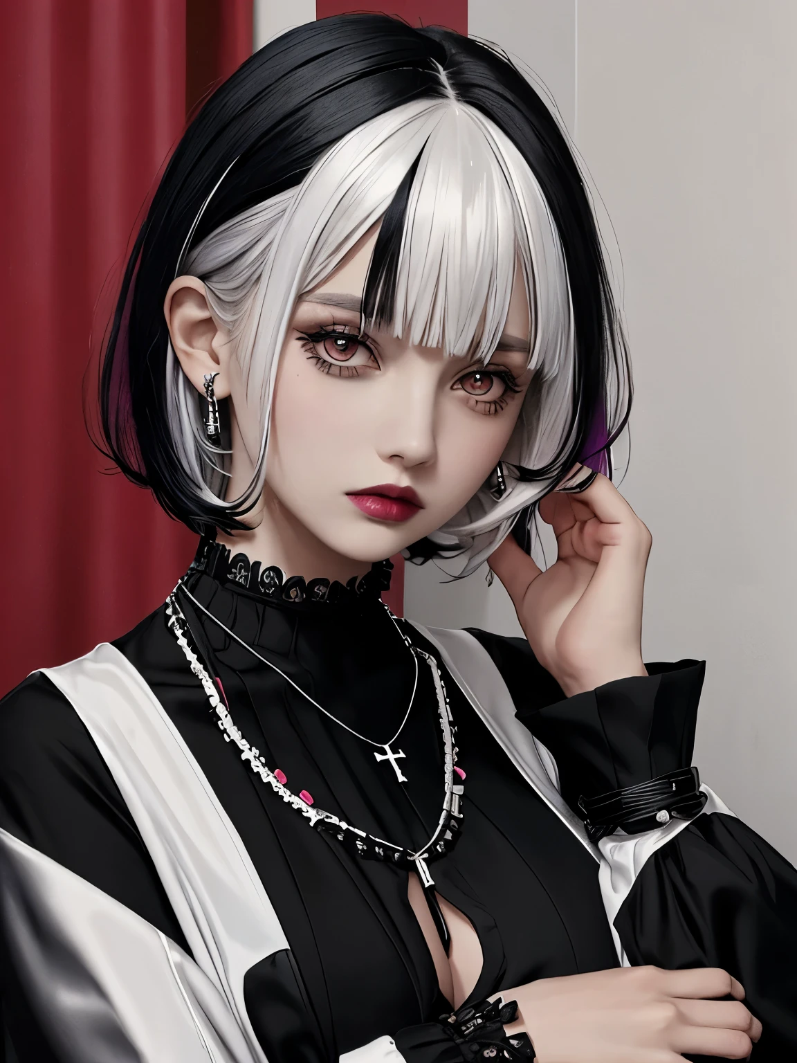 Goth girl, Goth girl 1girl 1girl,solo,looking at viewer, black hair, jewelry,white hair,multicolored hair,choker,black eyes,necklace,two-tone hair,cross,portrait, short hair, breasts, bangs