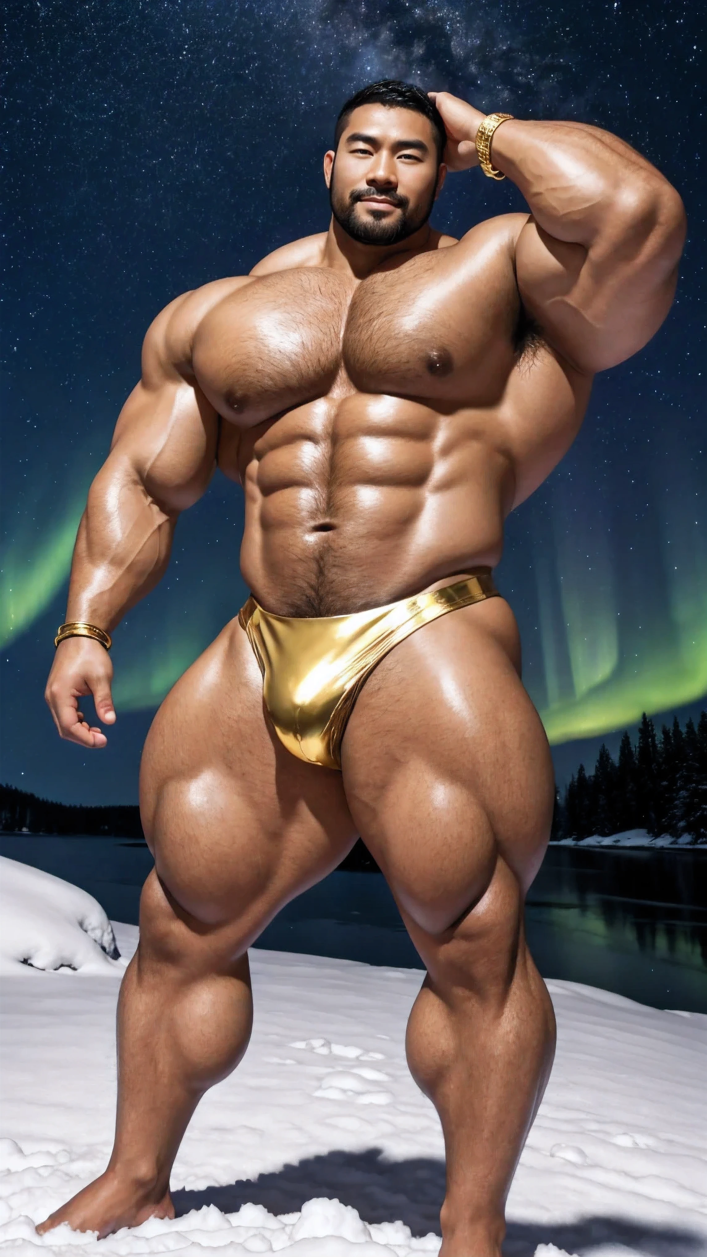 There is only one handsome Chinese man in the photo,35 years old,tall, Fitness,Smooth body,Smooth skin,No chest hair,short hair, O-Shaped Beard,Perfect body, Dark skin color,Radiant Skin,Smooth skin,Shiny, shiny skin,Smooth pectoral muscles,Muscle bulge, muscular, Very large pectoral muscles,Very sexy abdominal muscles,Very well-developed leg muscles,Huge concave and convex area,Brightens oily skin,Wearing a shiny gold leather thong,Handsome face,Normal human toes,Correct and accurate male body proportions,Gold Collar,Gold bracelet,Gold anklets,Standing in the snow,Night sky,A sky full of stars,There are auroras,Colorful,Charming dream scene,Epic。