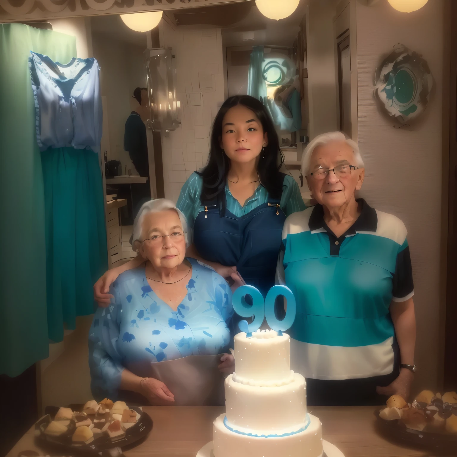 There are three people in front of a four-tiered cake which is blue and white with the top being navy blue with a white number 90, he is around 80 years old, he is wearing a striped polo shirt and silver square glasses, The lady is around 80 years old and is wearing a turquoise green satin dress with sleeves up to the elbow , In the middle, their granddaughter, approximately 20 years old, with black overalls and straight black hair, creates an image like a Pixar drawing
