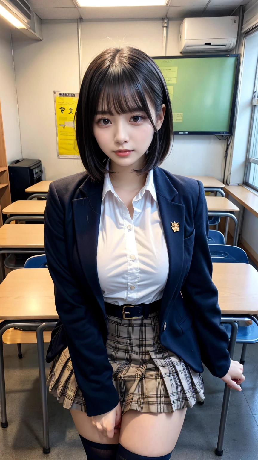 masterpiece, best quality, illustration, Super detailed, fine details, High resolution, 8K,wall paper, perfect dynamic composition,(Details High quality, realistic depiction of eyes:1.3), from side, High School Classroom、High school girl uniform、blazer 、Super Short Check Uniform Skirt、Navy blue high socks、garterbelts、Colossal tits、Disturbed uniform, short bob hair, black hair color, large breasts, Big Natural Color Lip, bold sexy pose, (perfect body shape), crying a little、cold gaze, Harajuku style、20 year old girl、cute type, beautiful legs, hposing Gravure Idol, Voluptuous thighs