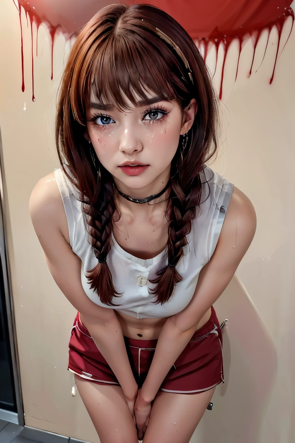 (((best quality:1.2,masterpiece:1.2,detailed:1.2,RAW photo:1.2,photo realistic:1.2,simple background:1.2, tall:1.4,very hurt:1.4,very painful:1.4,full body:1.3,1girl:1.2, brown hair:1.2,lowering head:1.2,focus on crotch:1.2,blood on closthes:1.3,mascaraTears:1.2,runny makeup:1.2,mascara:1.2,makeup:1.2,single braid:1.2,crop top:1.2, sneakers:1.2,sob:1.2, navel:1.2, red shorts:1.2,button earrings:1.2,wet:1.2,wet clothes:1.2,dripping tears:1.2,dripping blood:1.4,looking at downside:1.2,large breast:1.2,sexy thigh:1.2, sexy calf:1.2, scared:1.2,panicking:1.2,constricted pupils:1.2,screaming:1.4,crying:1.2,tears:1.2,blush:1.2,full body angle:1.2,leaning forward:1.2,have to pee:1.2,covering crotch:1.2,hand between legs:1.2,knees together feet apart:1.2)))
