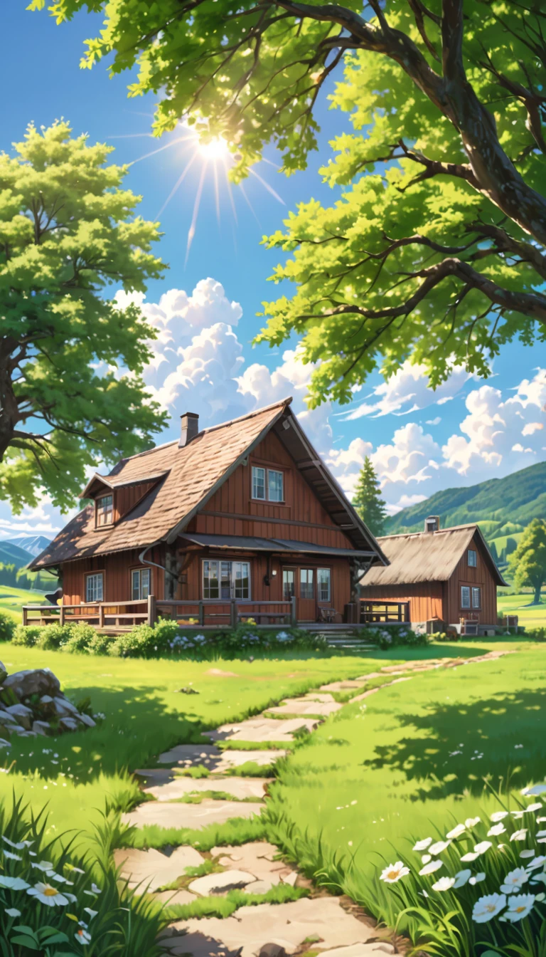 a beautiful house in the countryside, 1 story house, country house, rustic house, wooden house, farmhouse, green grass, lush trees, blue sky, fluffy clouds, sunlight, peaceful landscape, tranquil scene, (best quality, 4k, 8k, highres, masterpiece:1.2), ultra-detailed, (realistic, photorealistic, photo-realistic:1.37), natural lighting, serene, idyllic, warm color palette