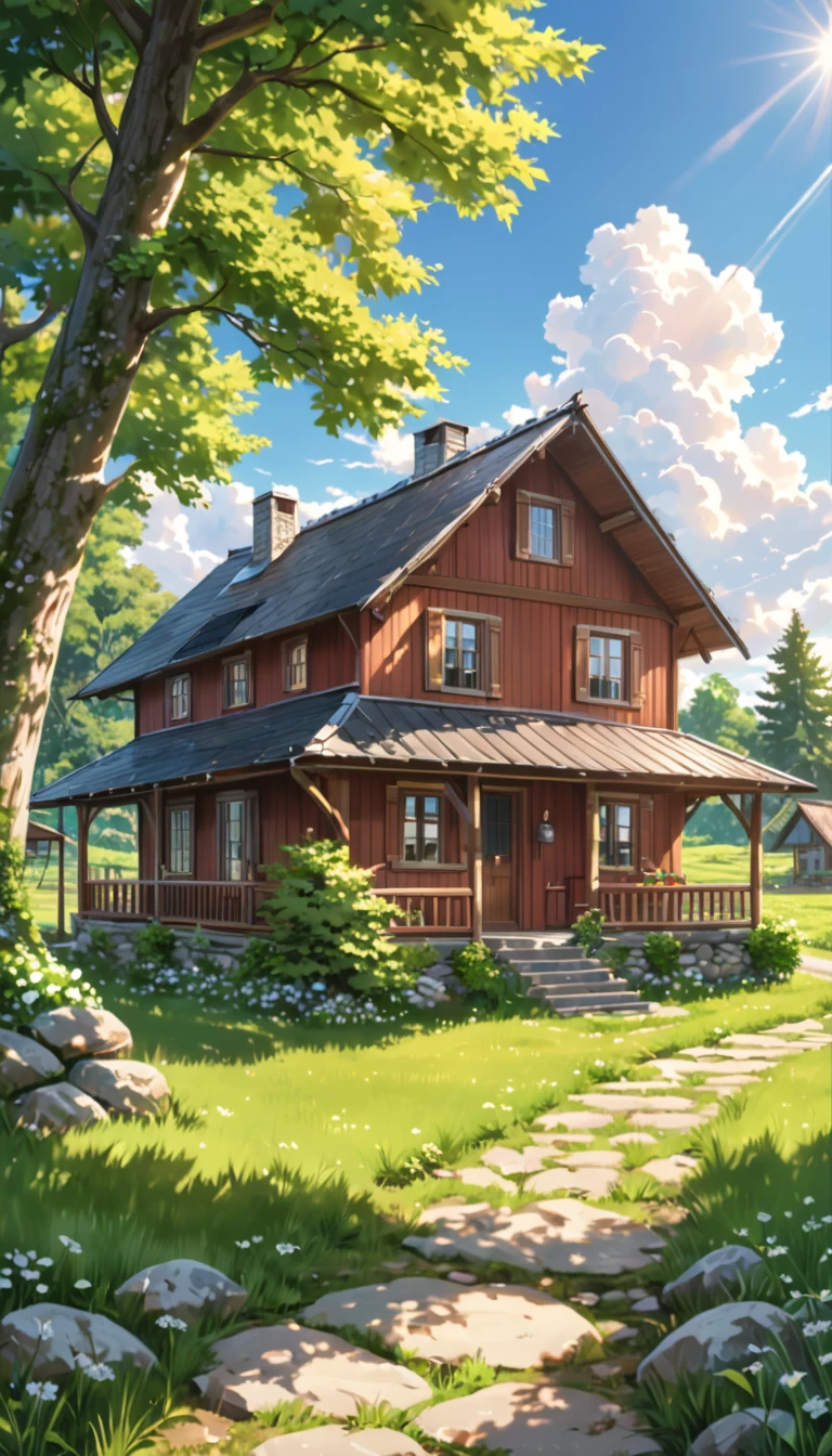 a beautiful house in the countryside, 1 story house, country house, rustic house, wooden house, farmhouse, green grass, lush trees, blue sky, fluffy clouds, sunlight, peaceful landscape, tranquil scene, (best quality, 4k, 8k, highres, masterpiece:1.2), ultra-detailed, (realistic, photorealistic, photo-realistic:1.37), natural lighting, serene, idyllic, warm color palette