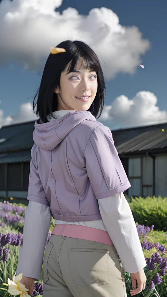 masterpiece, absurdres, hinata\(boruto\), 1girl, solo, 20years, purple hoodie,layered sleeves, brown pants, cosplay hinata, cosplay, naruto, outdoors,lavender flower field, looking at viewer, (falling petals), cloudy sky, perfect composition, detailed lips, big breast, (huge pregnant:1.2), beautiful face, body propotion, blush, (pink lips), the bob hair, purple eyes, soft gaze, sad smile, super realistic, detailed, photoshoot, realistic face and body, realistic hair, realistic eyes, realistic nose, realistic lips