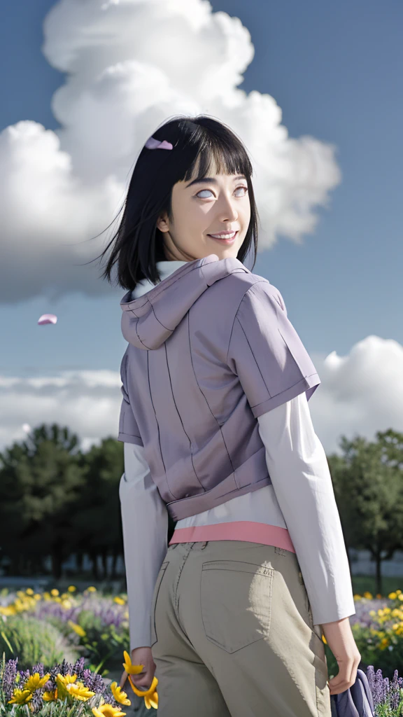 masterpiece, absurd, (intricate details), raelistic, (colorful), cinematic lighting, highly detailed 8k, hinata\(boruto\), 1girl, solo, purple hoodie, brown pants, from behind, layered sleeves, cowboy shot , looking back, looking at viewer,smiling, outdoors, lavender flower field,flowers, day, cloudy sky, wind, floating hair, falling flower petals
