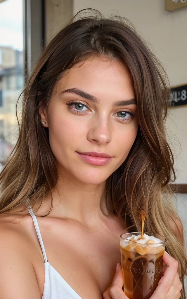 Drink in hand, Belle brune aux reflets blonds portant un pull beige (in a café drinking soda), Very detailed, 22 ans, visage innocent, natural wavy hair, yeux bleus, High resolution, masterpiece, Best quality, intricate high detail, highly detailed, mise au point nette, detailed skin, realistic skin texture, texture, detailled eyes, professionnel, 4K, sourire charmant, filmed on Canon, 85 mm, faible profondeur de champ, Couleur Kodak Vision, perfect fit body, Extremely detailed, photographier_\(ultra\), photoreallistic, Realstic, Post-traitement, Maximum details, roughness, real life, ultra realist, photorealism, photographie, 8K UHD, photographie, drink perolado rosa im hand