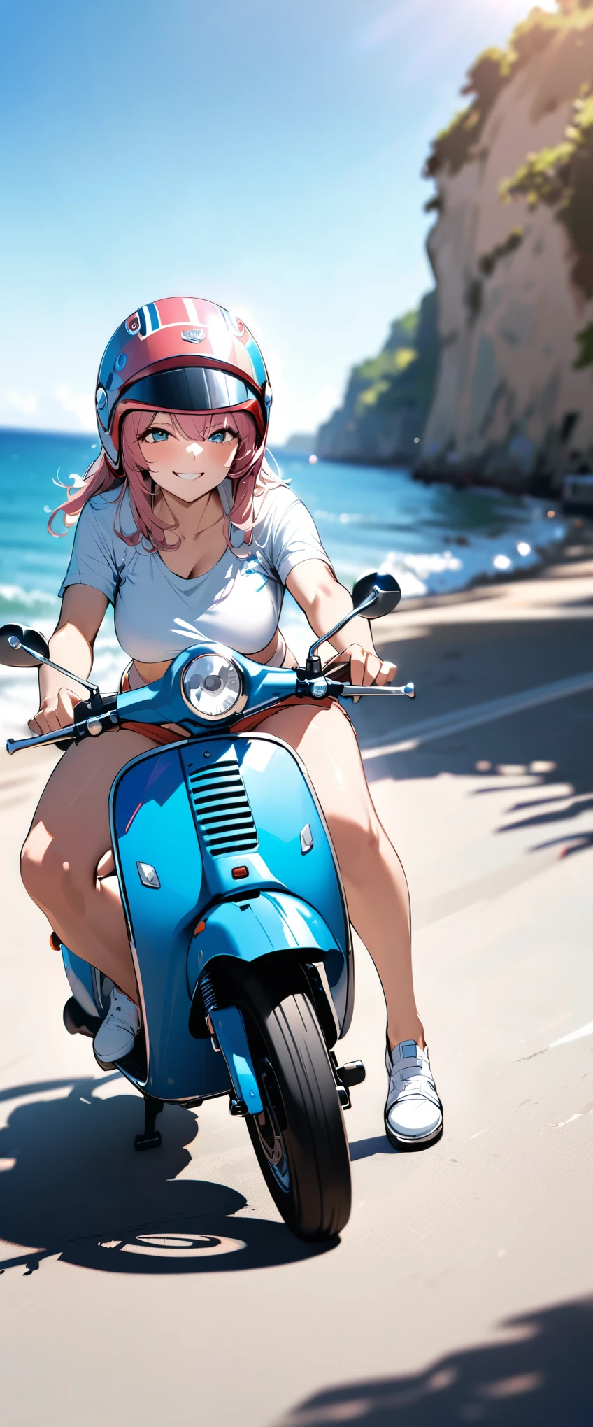 (masterpiece),(Highest quality:1.2),(Super detailed),(High resolution),(Highest quality),An illustration,8k,wallpaper,One female,A woman riding a Vespa along a coastal road,(smile),Retro helmet,Stylish clothing,Detailed hands,Beautiful female hands,(Hand,detailed,perfect,perfection,hands),Blurred Background,summer,blue sky,sun,Beautiful sea,dynamic