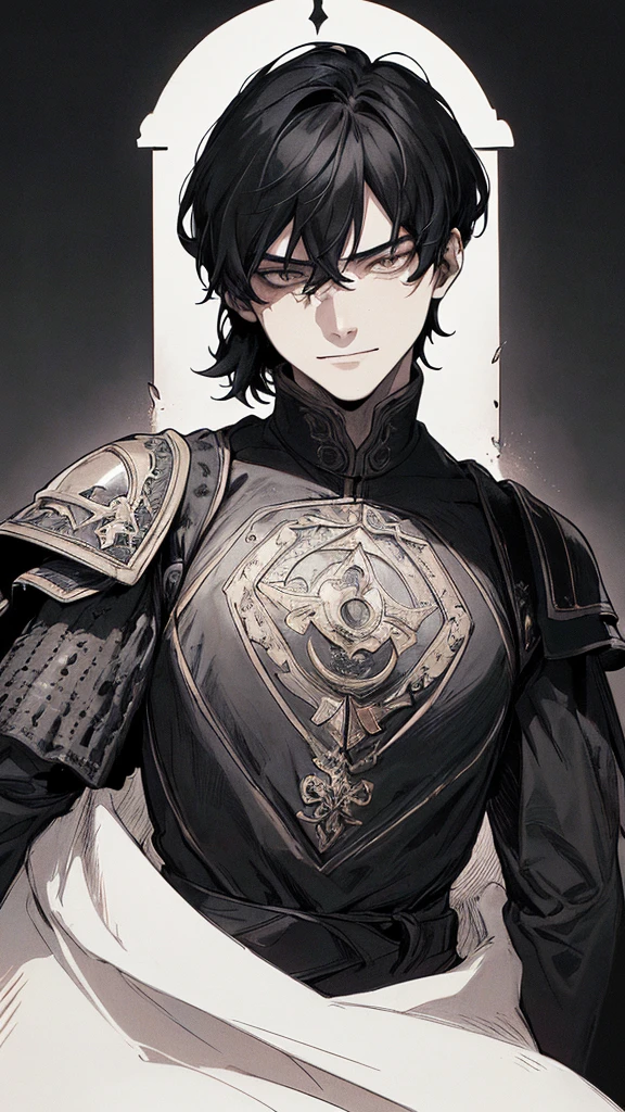 Highest quality, (background_detailed), expensive_Contrast, detailed_original_figure, Warrior, Muscular, Villain Face, Armor, full_body, Medieval, Wrinkles between the eyes, Young people, 20-year-old male, dark_stitch_landscape, (dramatic_Lighting:1. 25), (Shaded_background:1.2), black_hair, (short black hair:) 1.1 ), Delicate face, Wicked Smile, Sharp eyes, Black background, (Black background:1.5), Beautiful line art, 白black